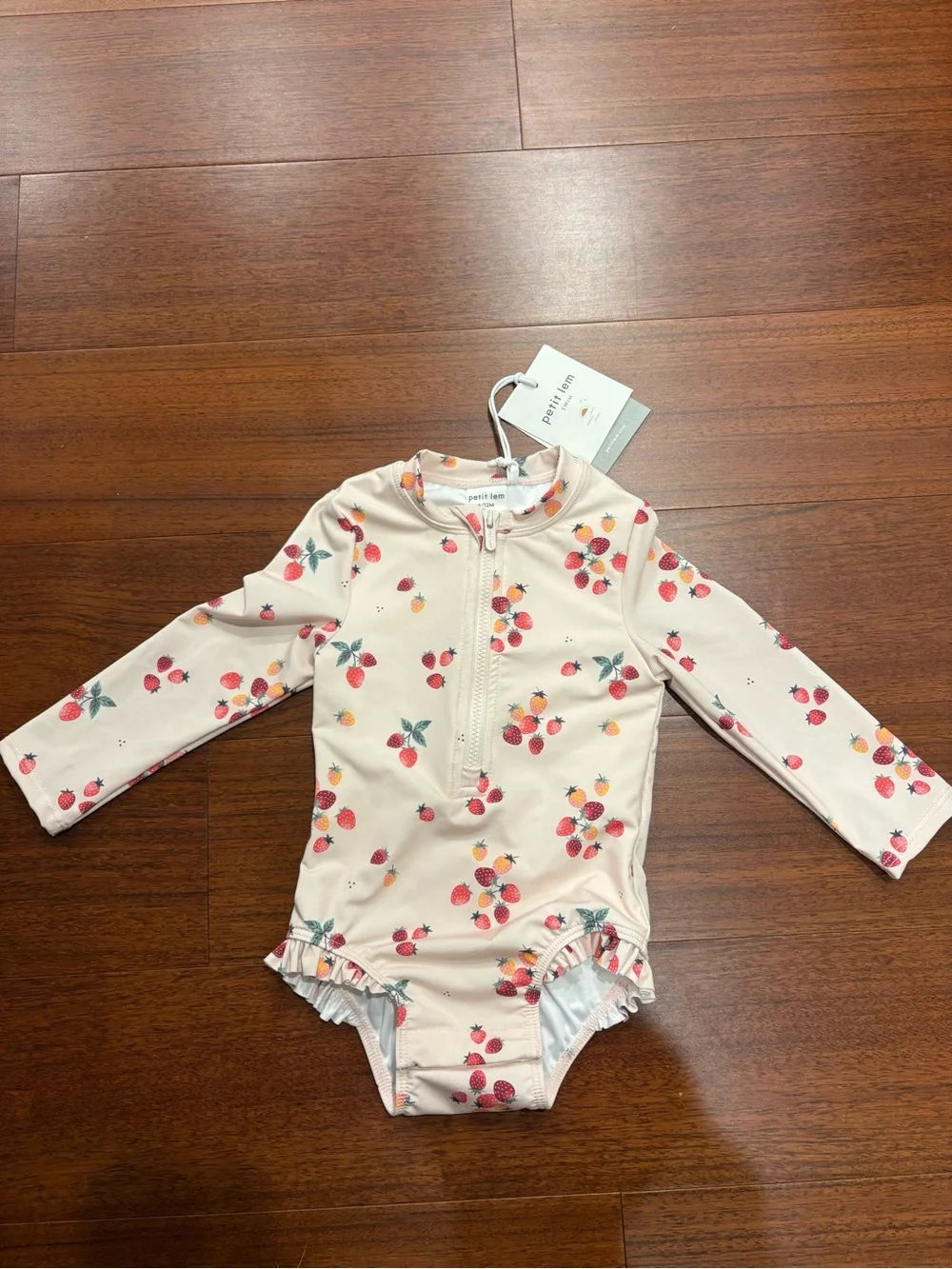 Petit Lem Cream Pink Strawberry Print Long-Sleeve One-Piece Swimsuit